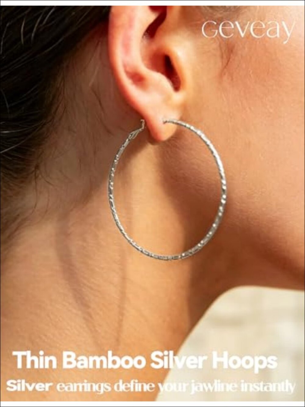 Sterling Silver Post Hoop Earrings 2mm Thin Bamboo Women - Picture 2 of 6